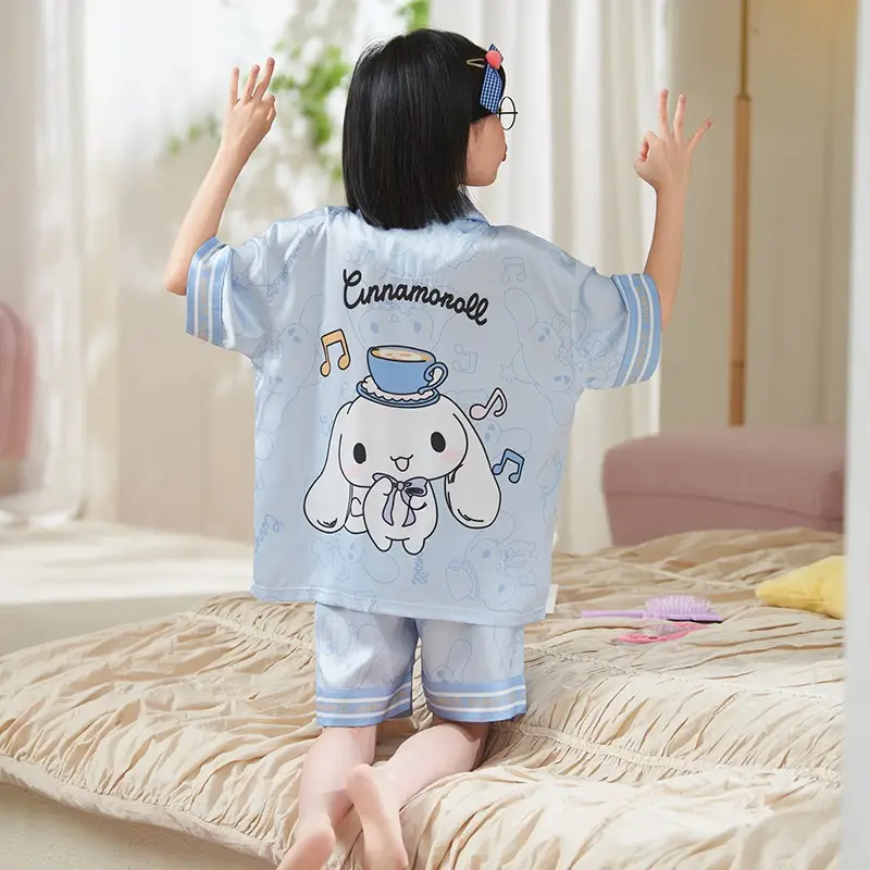 Girls' Purple Cartoon Pajamas Summer Ice Silk Suit