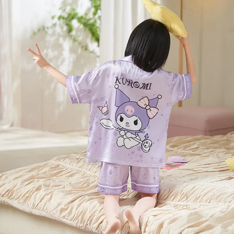 Girls' Purple Cartoon Pajamas Summer Ice Silk Suit