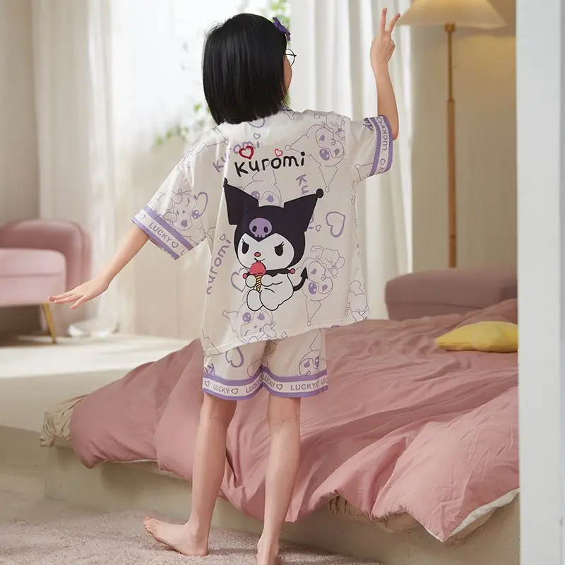 Girls' Purple Cartoon Pajamas Summer Ice Silk Suit
