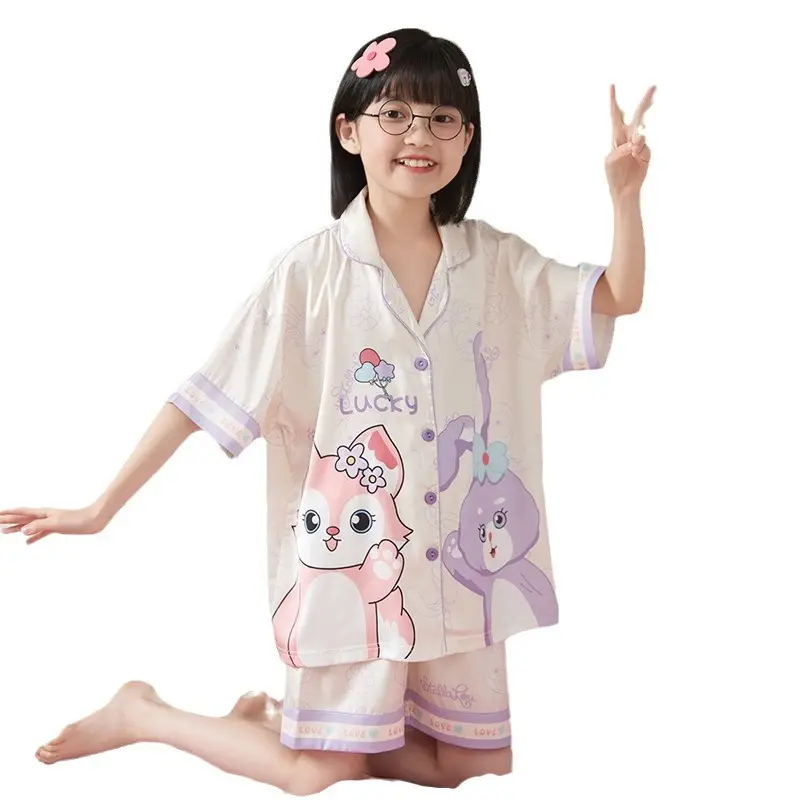 Girls' Purple Cartoon Pajamas Summer Ice Silk Suit