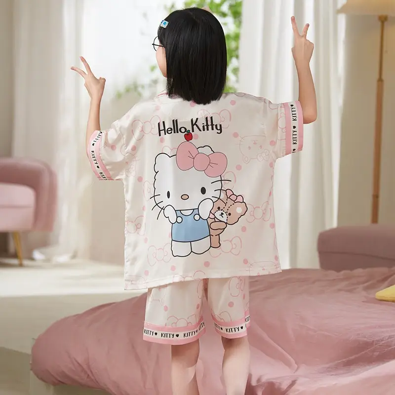 Girls' Purple Cartoon Pajamas Summer Ice Silk Suit