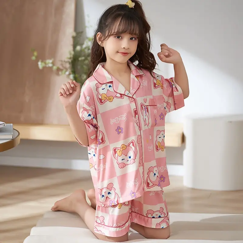 Girls' Purple Cartoon Pajamas Summer Ice Silk Suit