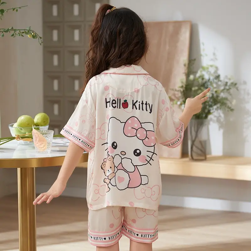 Girls' Purple Cartoon Pajamas Summer Ice Silk Suit