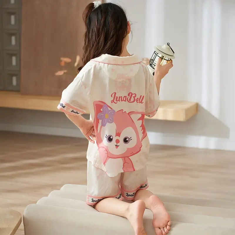 Girls' Purple Cartoon Pajamas Summer Ice Silk Suit