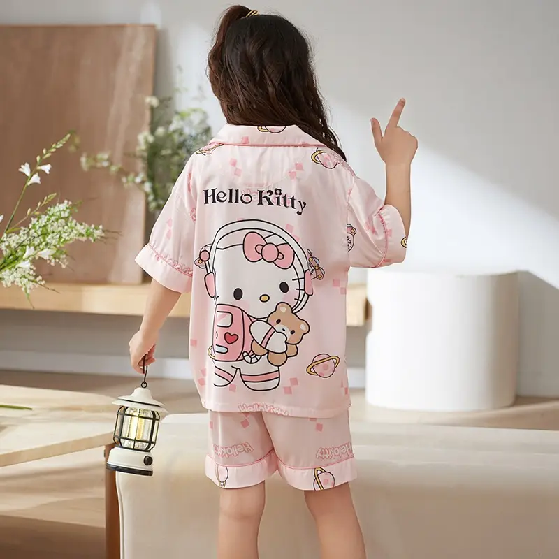 Girls' Purple Cartoon Pajamas Summer Ice Silk Suit
