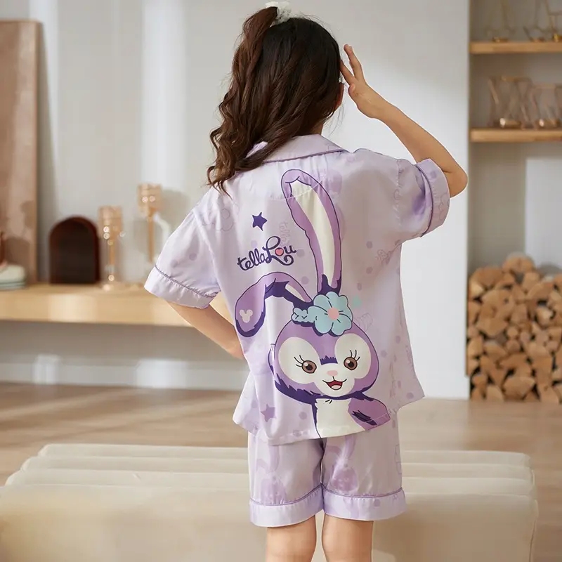 Girls' Purple Cartoon Pajamas Summer Ice Silk Suit