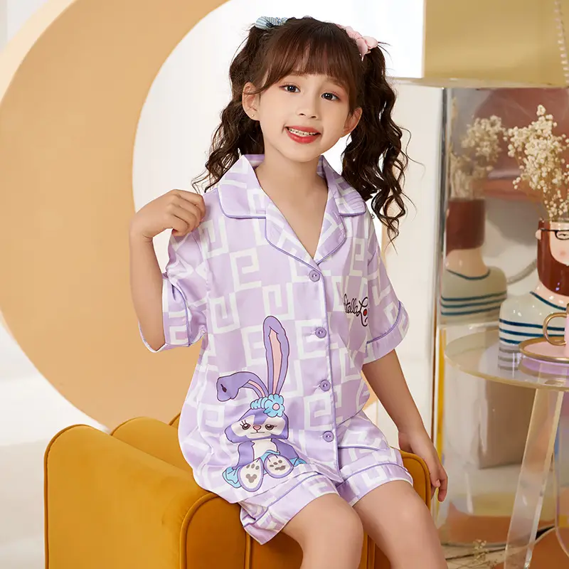 Girls' Purple Cartoon Pajamas Summer Ice Silk Suit