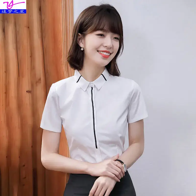 Women's White Collar Short Sleeve Shirt 2023 Summer - Image 3