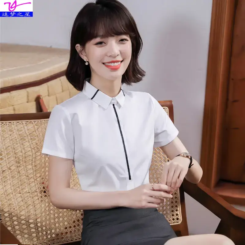 Women's White Collar Short Sleeve Shirt 2023 Summer - Image 5