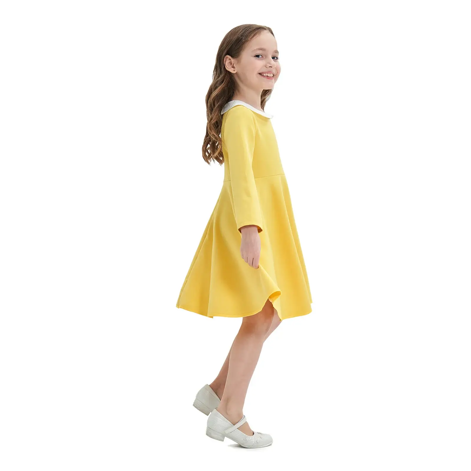 Yellow Long Sleeve Skirt Dress for Girls College Style — feature 7