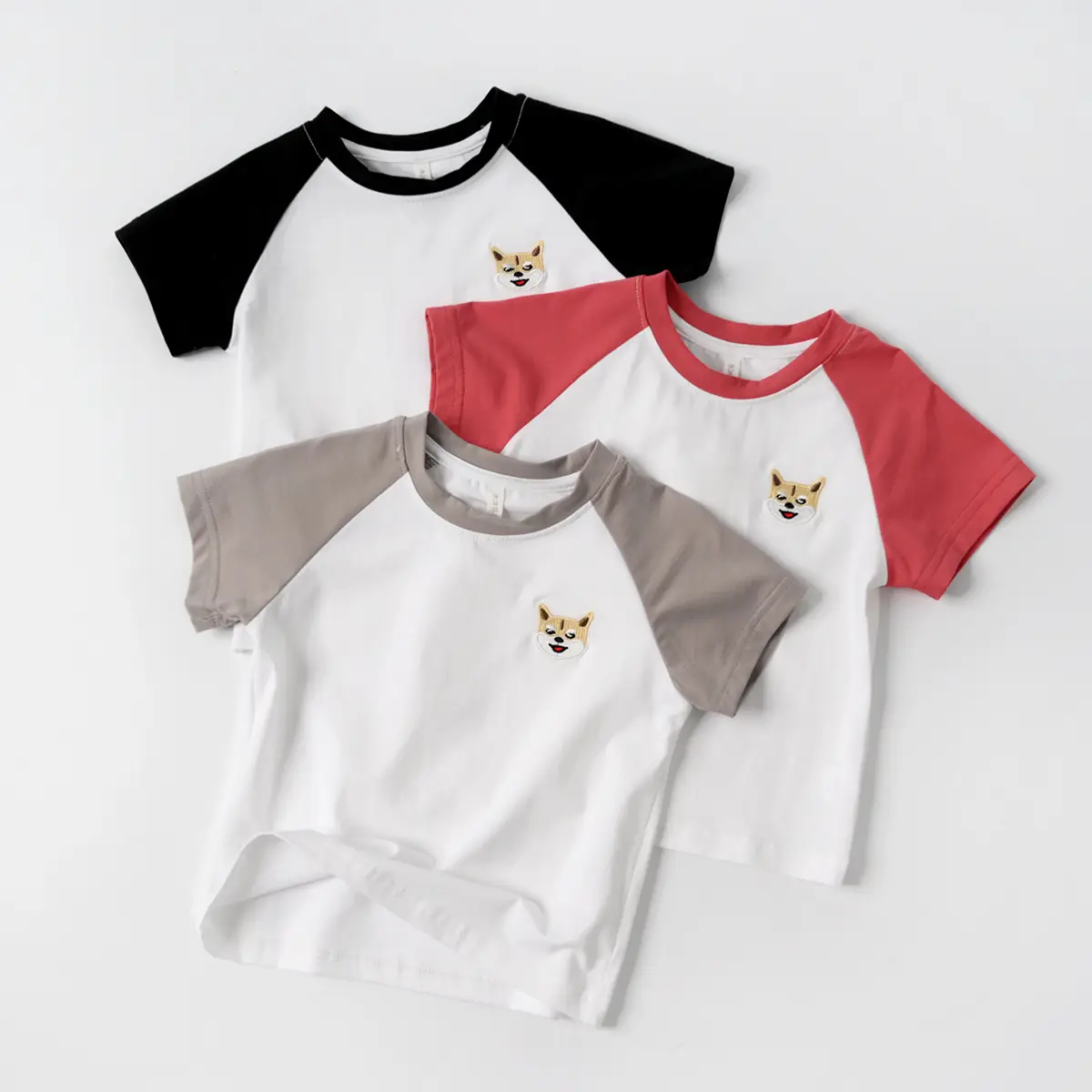 Children Cotton Raglan Sleeve T-Shirt White Pink Puppy Embroidery