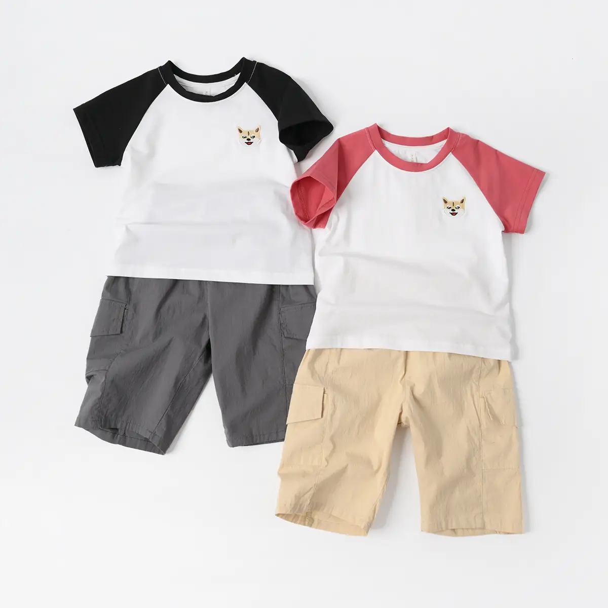 Children Cotton Raglan Sleeve T-Shirt White Pink Puppy Embroidery
