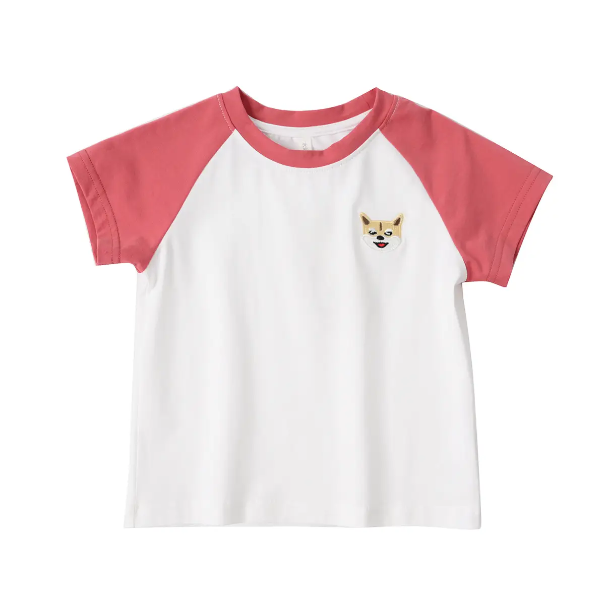 Children Cotton Raglan Sleeve T-Shirt White Pink Puppy Embroidery