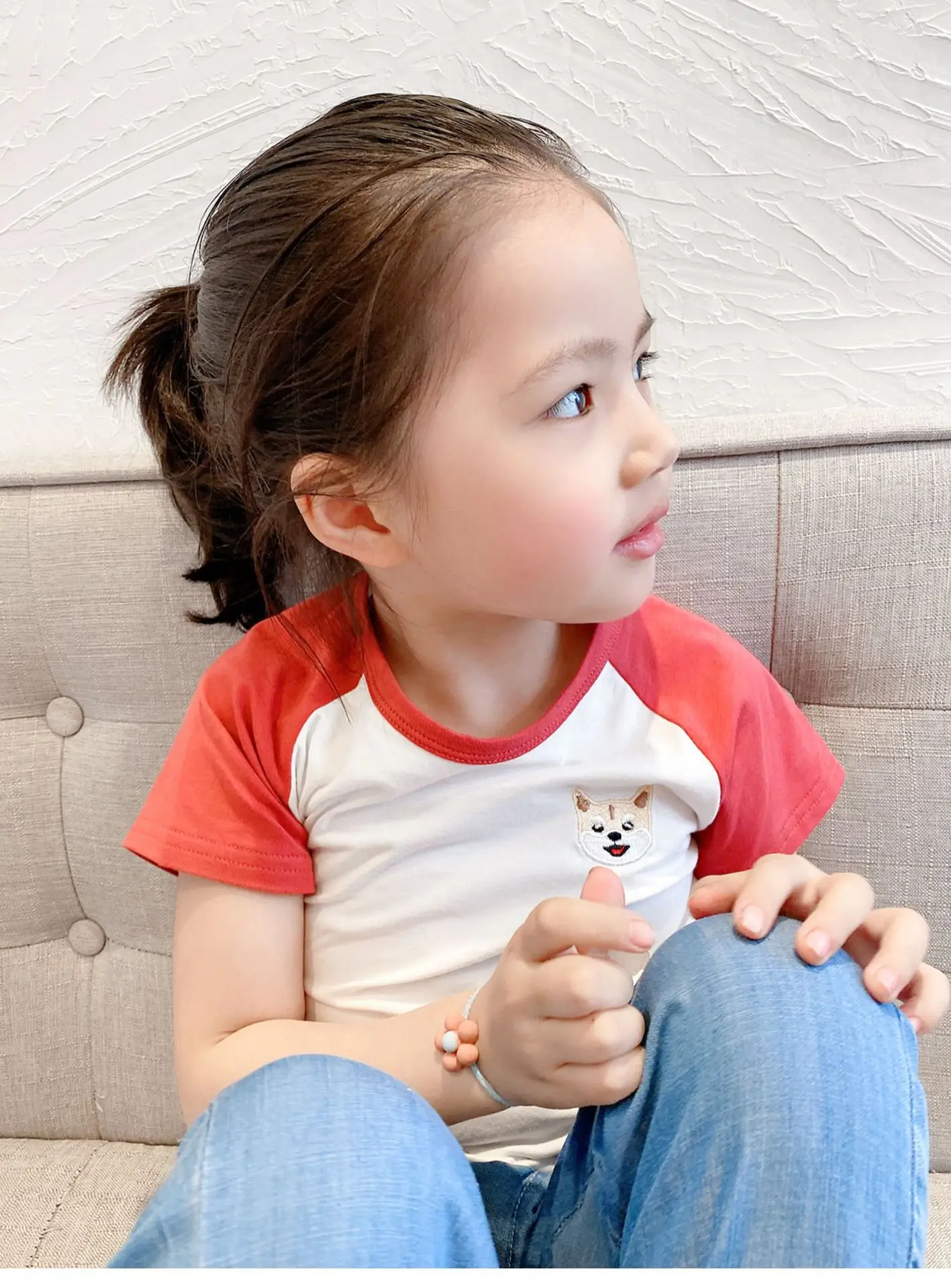 Children Cotton Raglan Sleeve T-Shirt White Pink Puppy Embroidery — feature 10