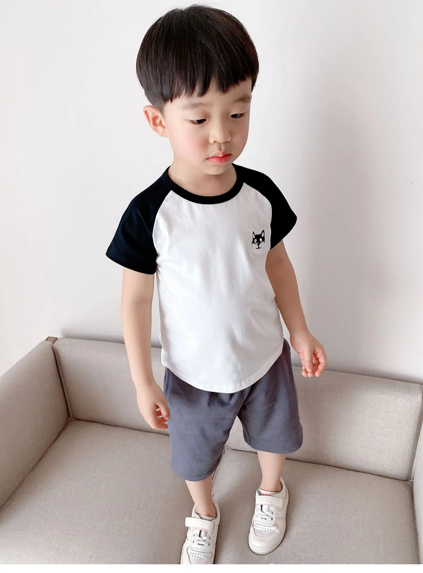 Children Cotton Raglan Sleeve T-Shirt White Pink Puppy Embroidery — feature 12