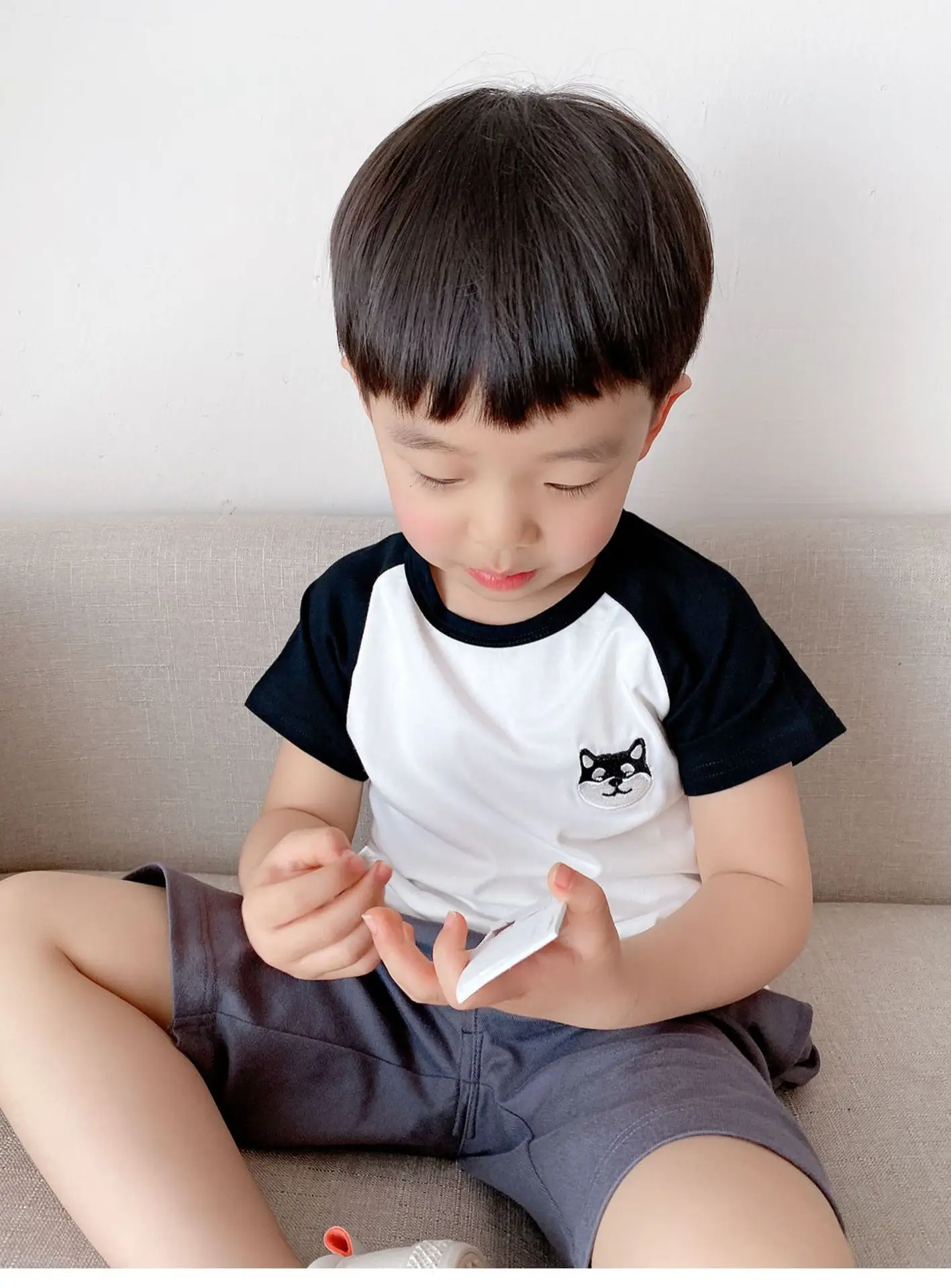 Children Cotton Raglan Sleeve T-Shirt White Pink Puppy Embroidery — feature 14