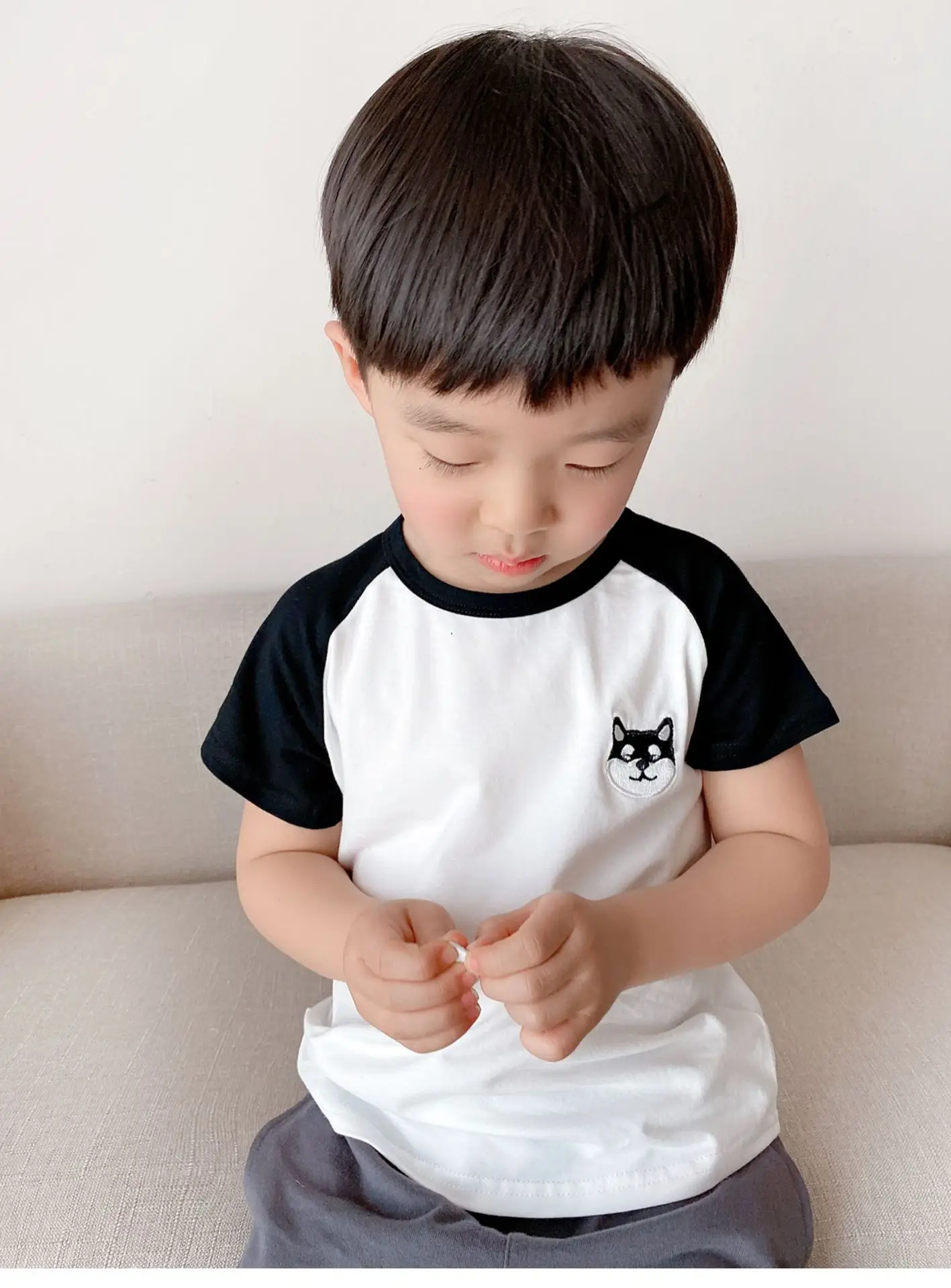 Children Cotton Raglan Sleeve T-Shirt White Pink Puppy Embroidery — feature 15