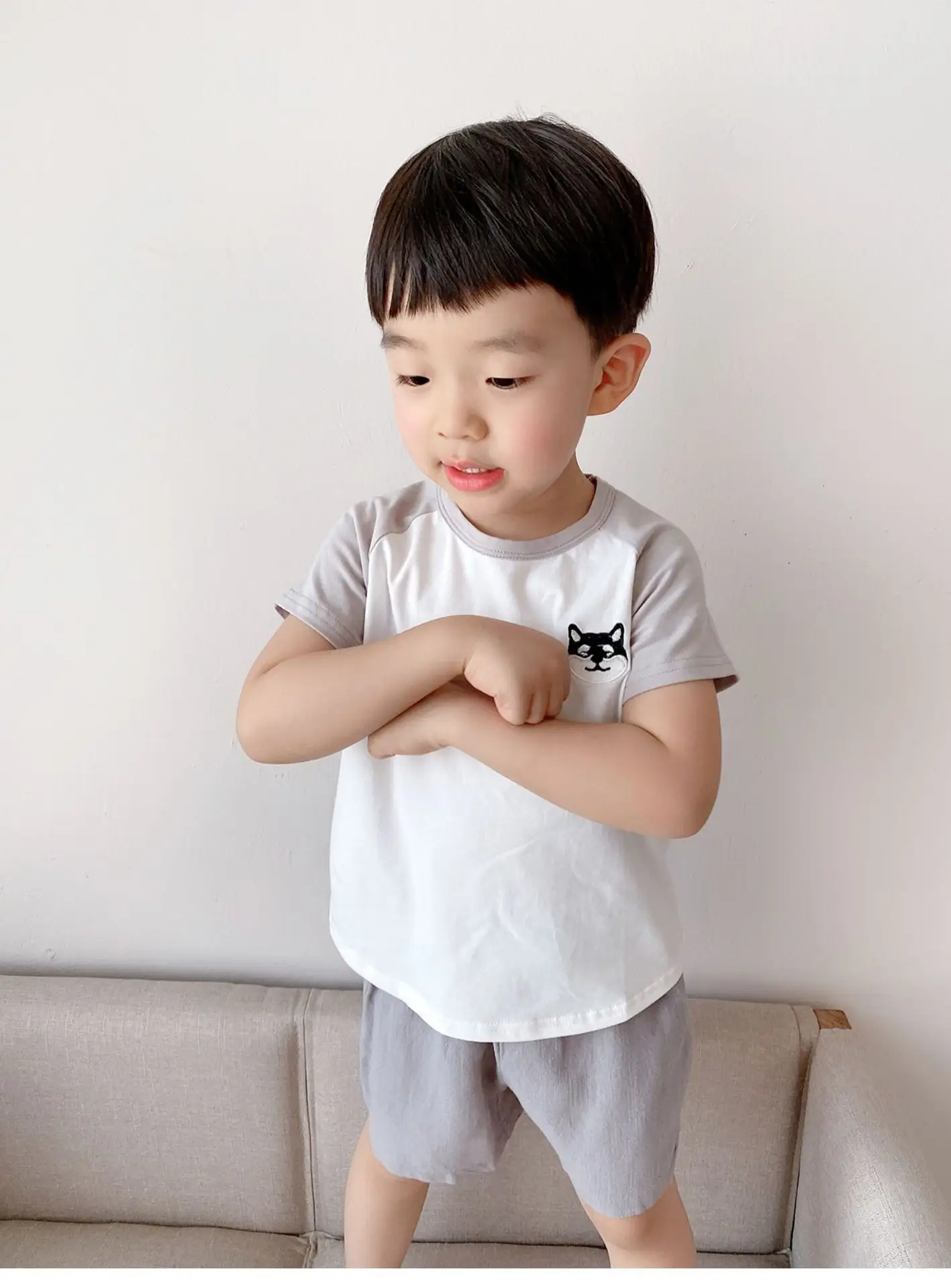 Children Cotton Raglan Sleeve T-Shirt White Pink Puppy Embroidery — feature 19