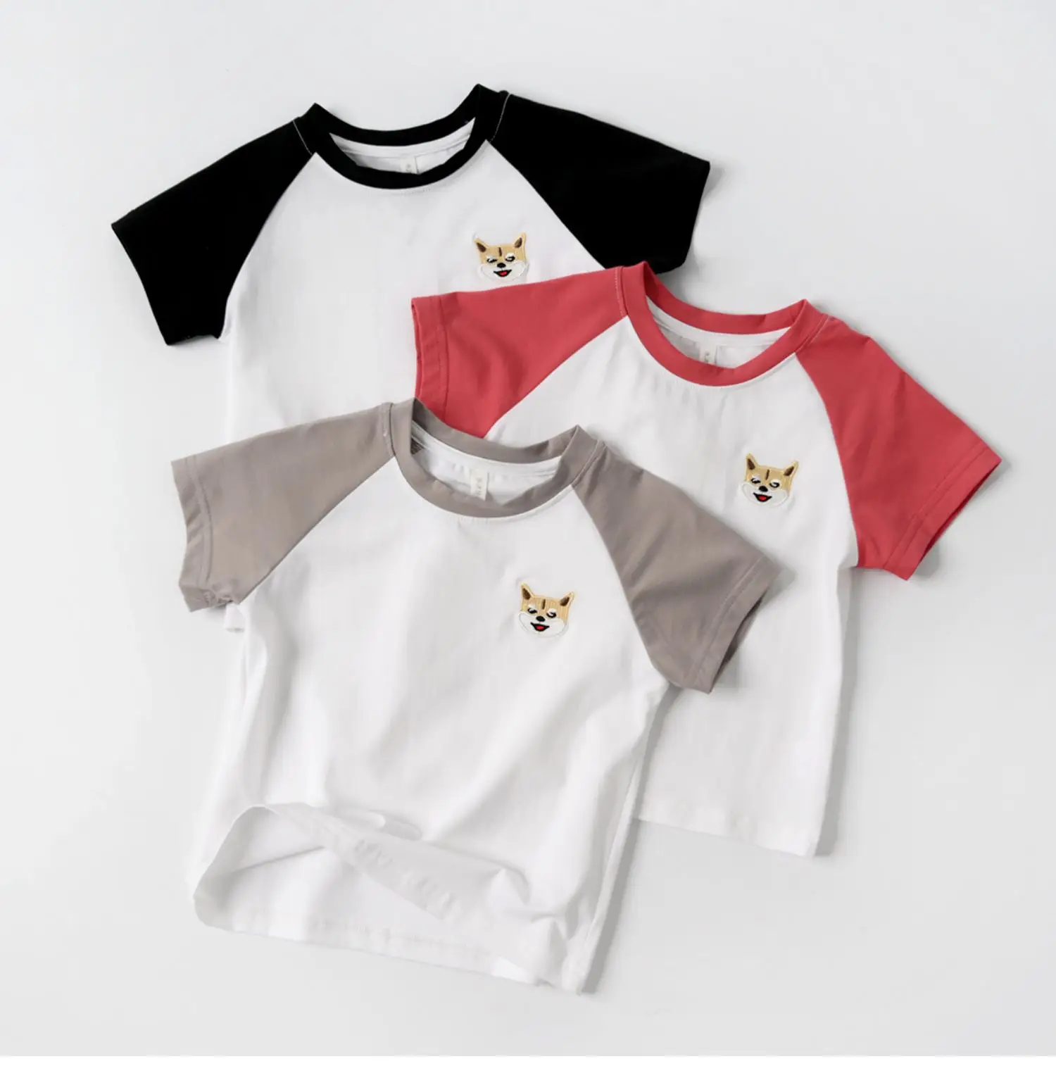 Children Cotton Raglan Sleeve T-Shirt White Pink Puppy Embroidery — feature 23