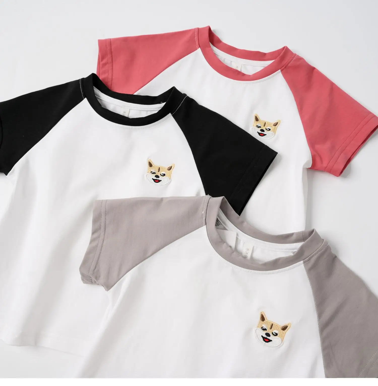 Children Cotton Raglan Sleeve T-Shirt White Pink Puppy Embroidery — feature 24