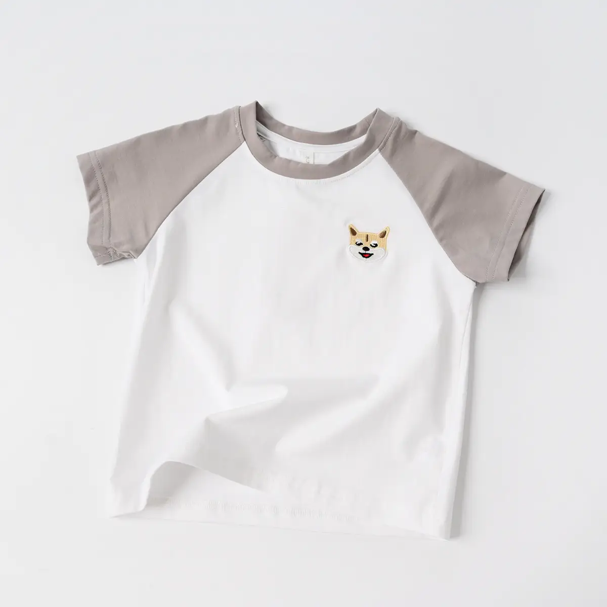 Children Cotton Raglan Sleeve T-Shirt White Pink Puppy Embroidery