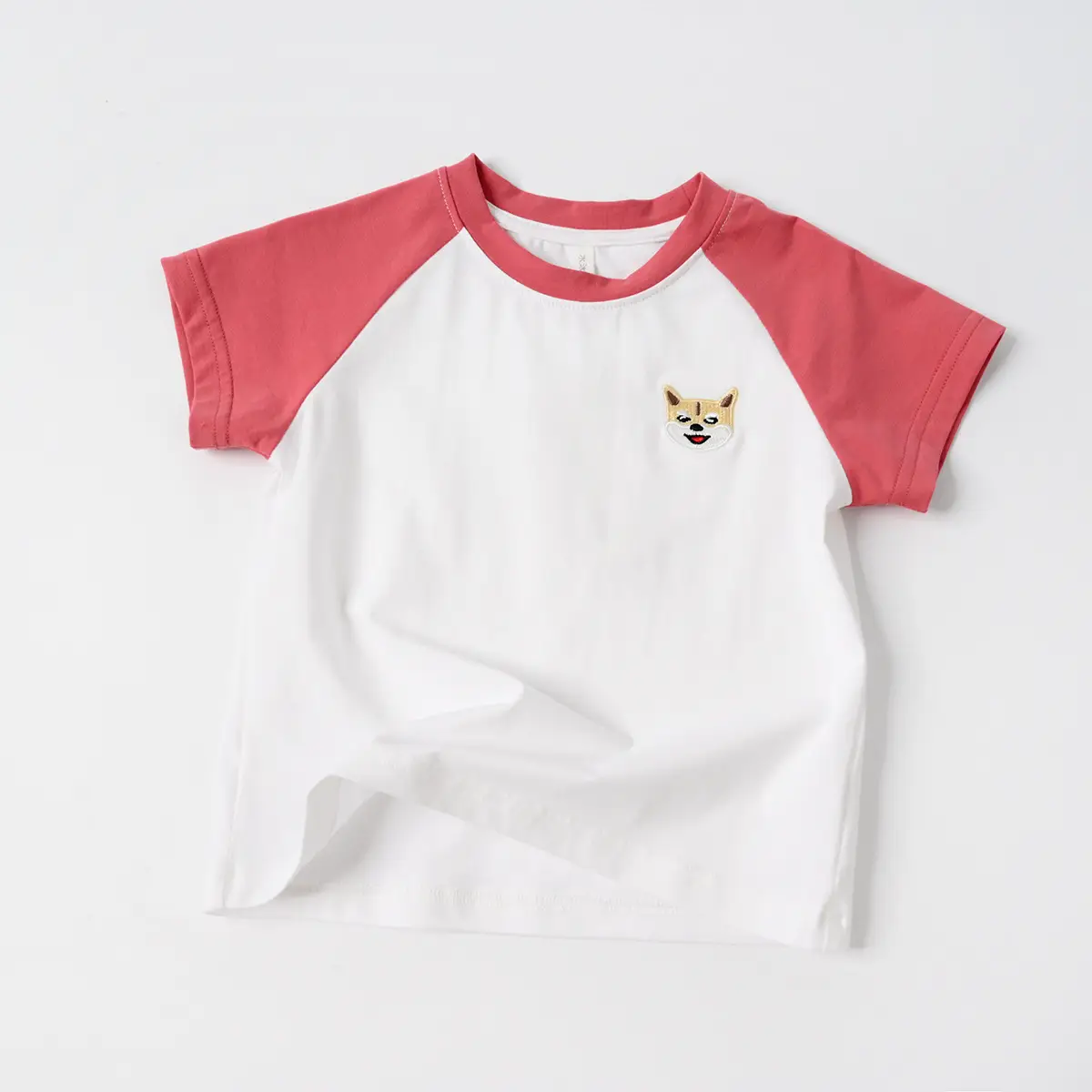 Children Cotton Raglan Sleeve T-Shirt White Pink Puppy Embroidery