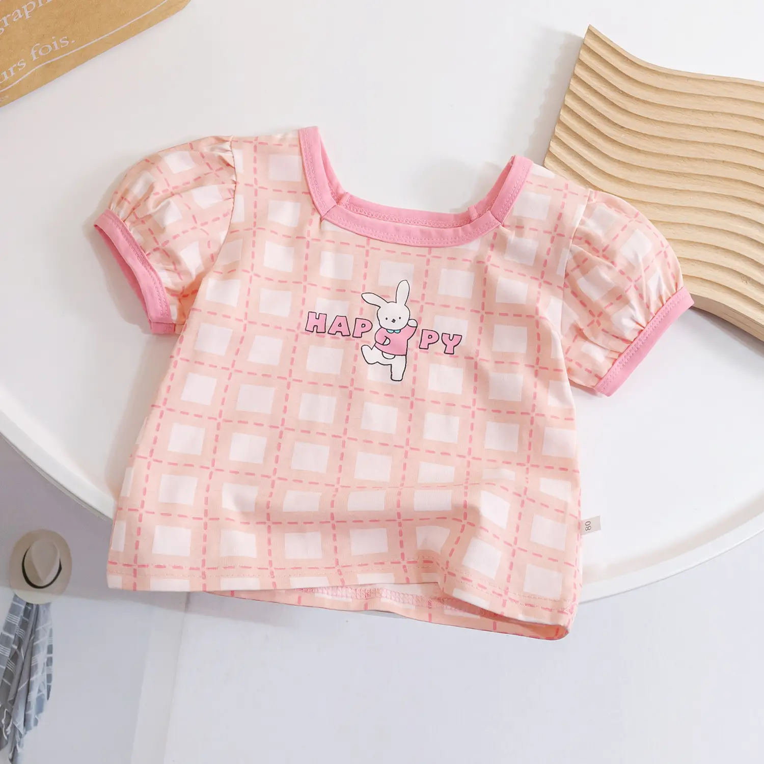Girls Korean Cartoon Plaid T-Shirt White Black Polka Dot - Image 8