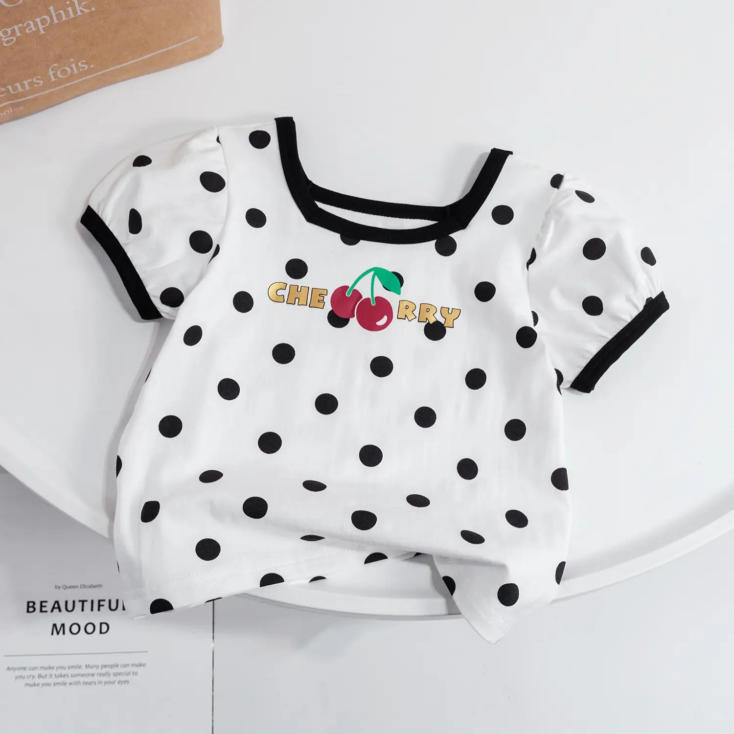 Girls Korean Cartoon Plaid T-Shirt White Black Polka Dot - Image 5