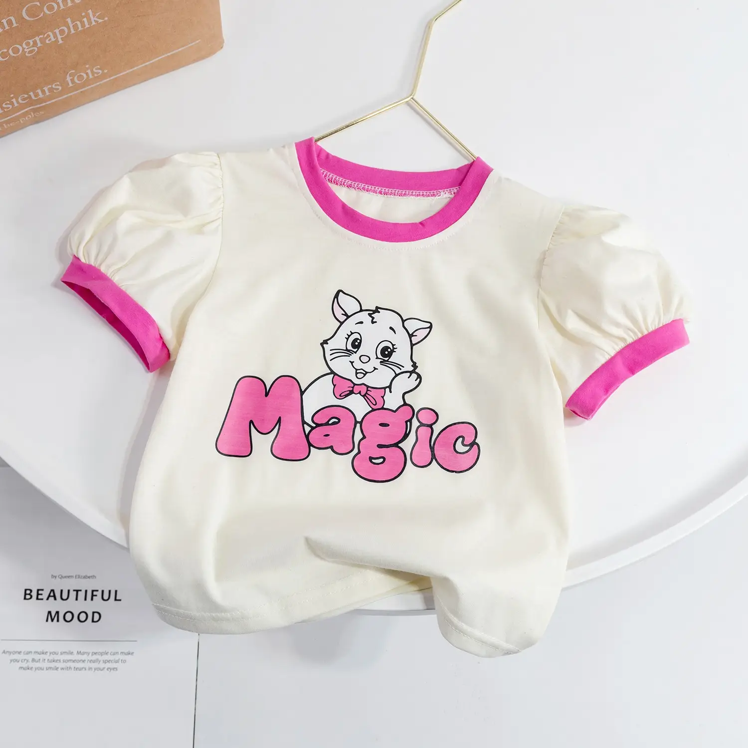 Girls Korean Cartoon Plaid T-Shirt White Black Polka Dot - Image 6
