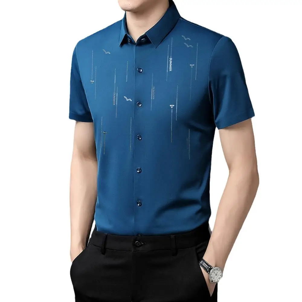 Men Blue Printed Short Sleeve Shirt 2024 - Image 15
