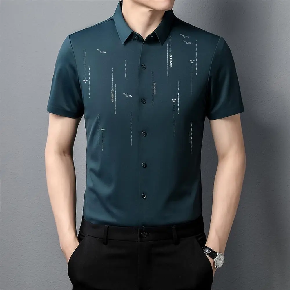 Men Blue Printed Short Sleeve Shirt 2024 - Image 2