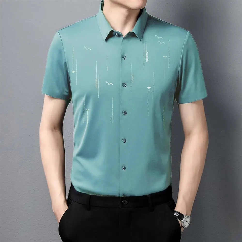 Men Blue Printed Short Sleeve Shirt 2024 - Image 4