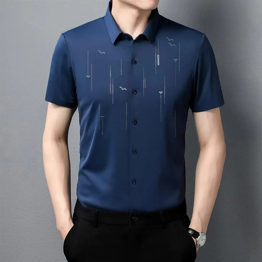 Men Blue Printed Short Sleeve Shirt 2024 - Image 6