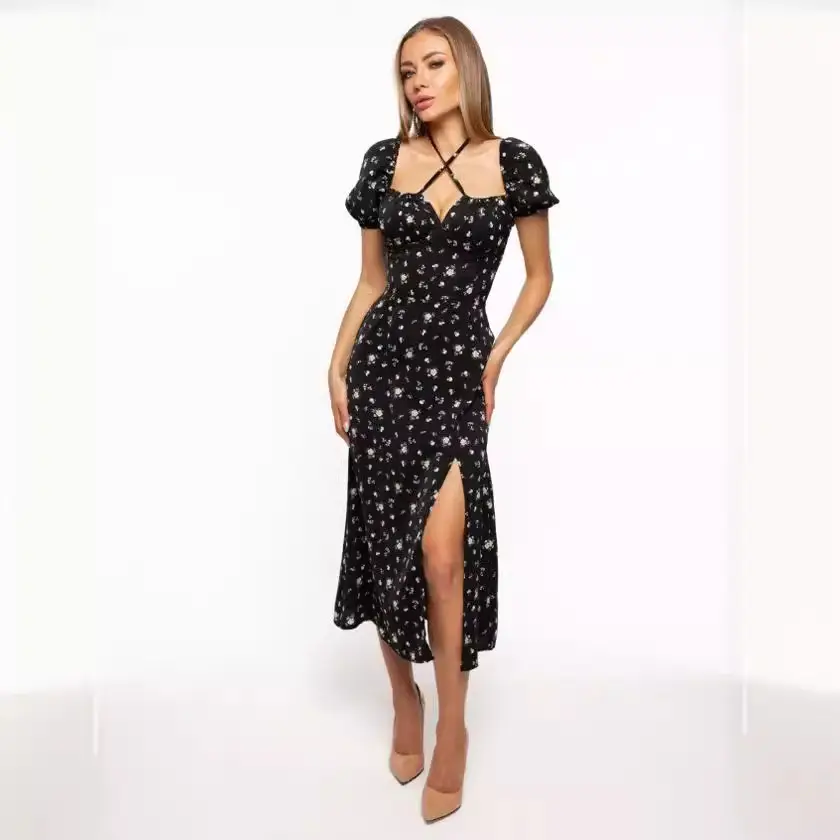Women's Floral Halter Dress with Square Collar & Bubble Sleeves