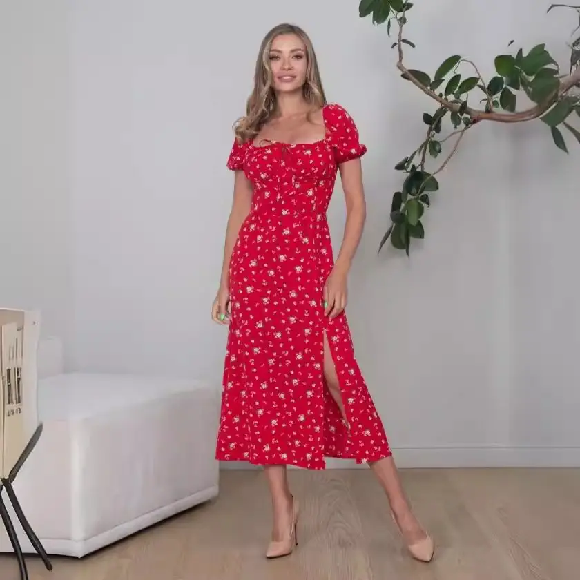 Women's Floral Halter Dress with Square Collar & Bubble Sleeves