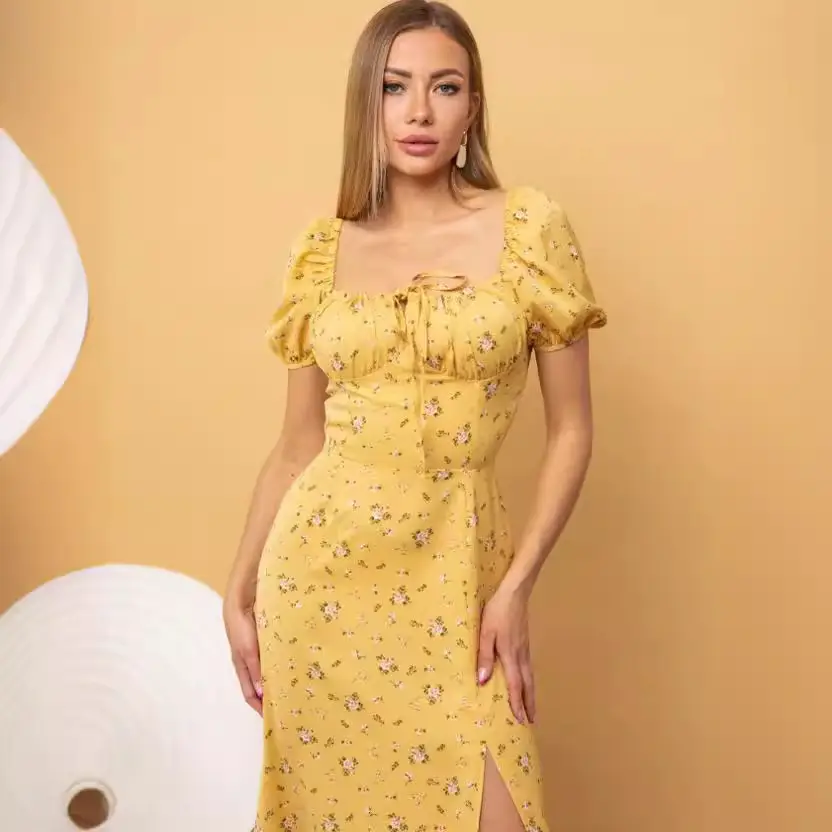 Women's Floral Halter Dress with Square Collar & Bubble Sleeves