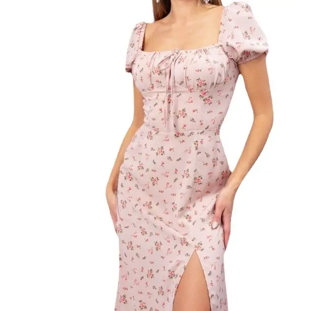 Women's Floral Halter Dress with Square Collar & Bubble Sleeves