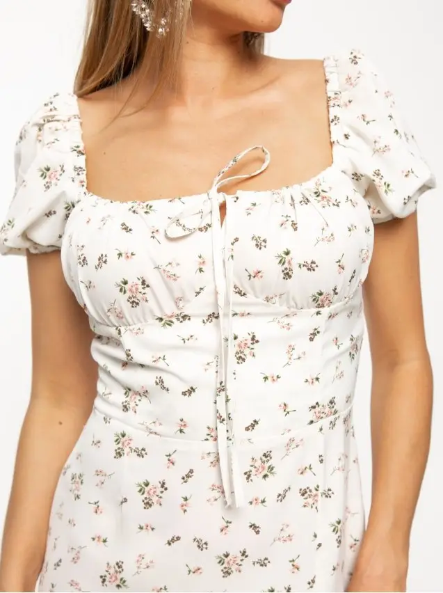 Women's Floral Halter Dress with Square Collar & Bubble Sleeves — feature 14