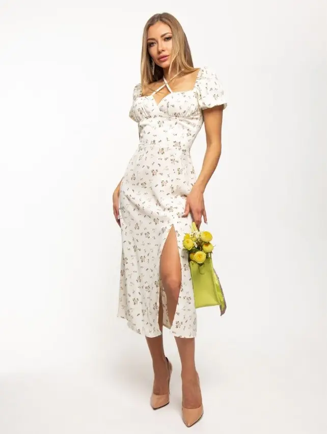 Women's Floral Halter Dress with Square Collar & Bubble Sleeves — feature 15