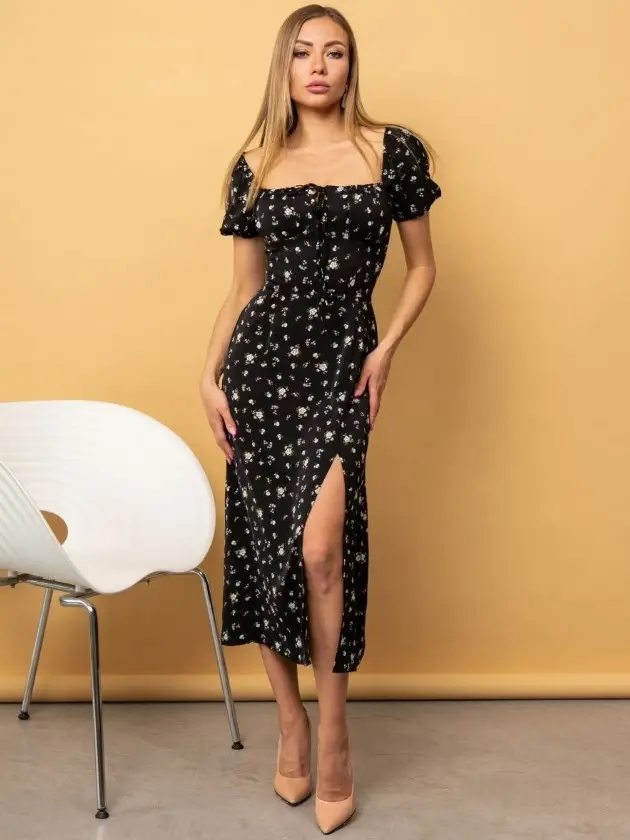 Women's Floral Halter Dress with Square Collar & Bubble Sleeves — feature 18