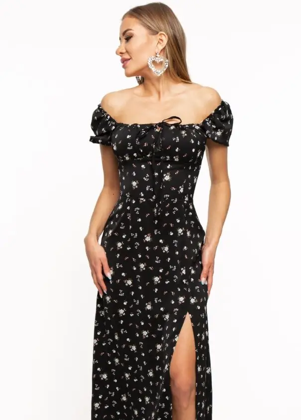 Women's Floral Halter Dress with Square Collar & Bubble Sleeves — feature 19
