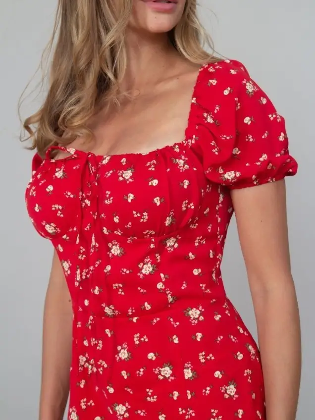 Women's Floral Halter Dress with Square Collar & Bubble Sleeves — feature 2