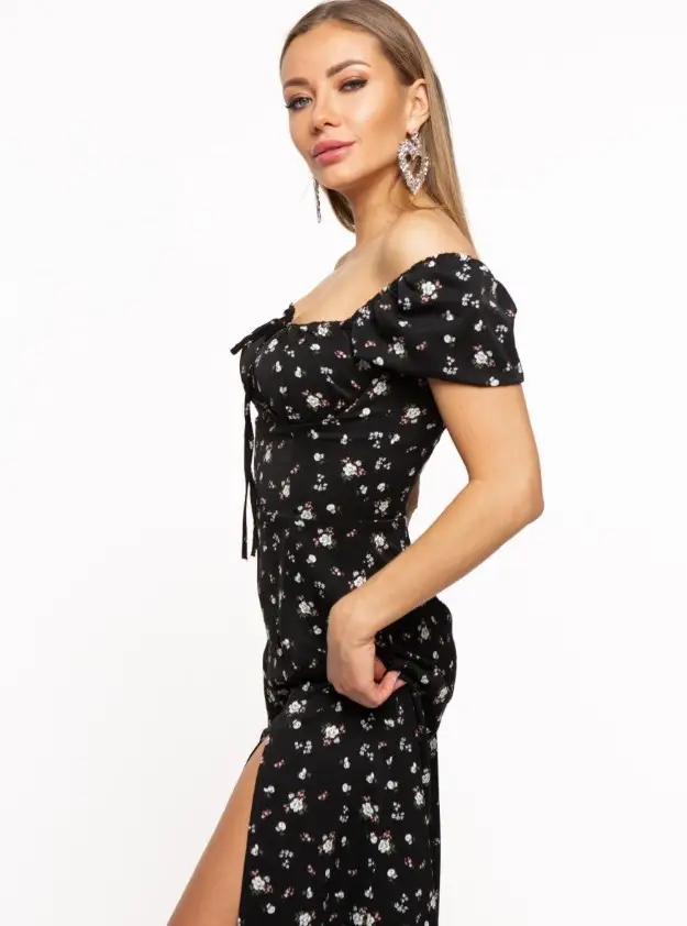 Women's Floral Halter Dress with Square Collar & Bubble Sleeves — feature 20