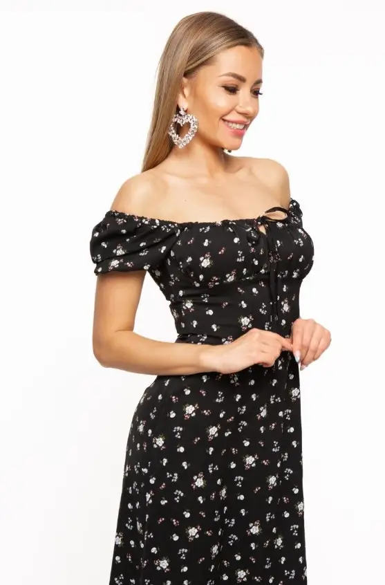 Women's Floral Halter Dress with Square Collar & Bubble Sleeves — feature 21