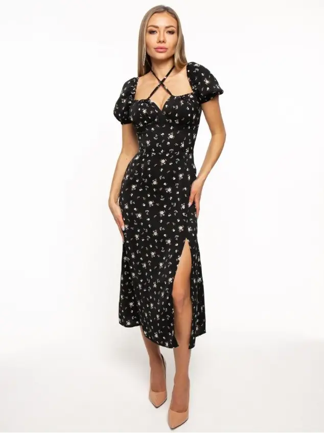 Women's Floral Halter Dress with Square Collar & Bubble Sleeves — feature 23