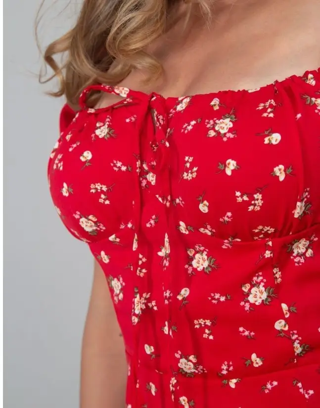 Women's Floral Halter Dress with Square Collar & Bubble Sleeves — feature 3