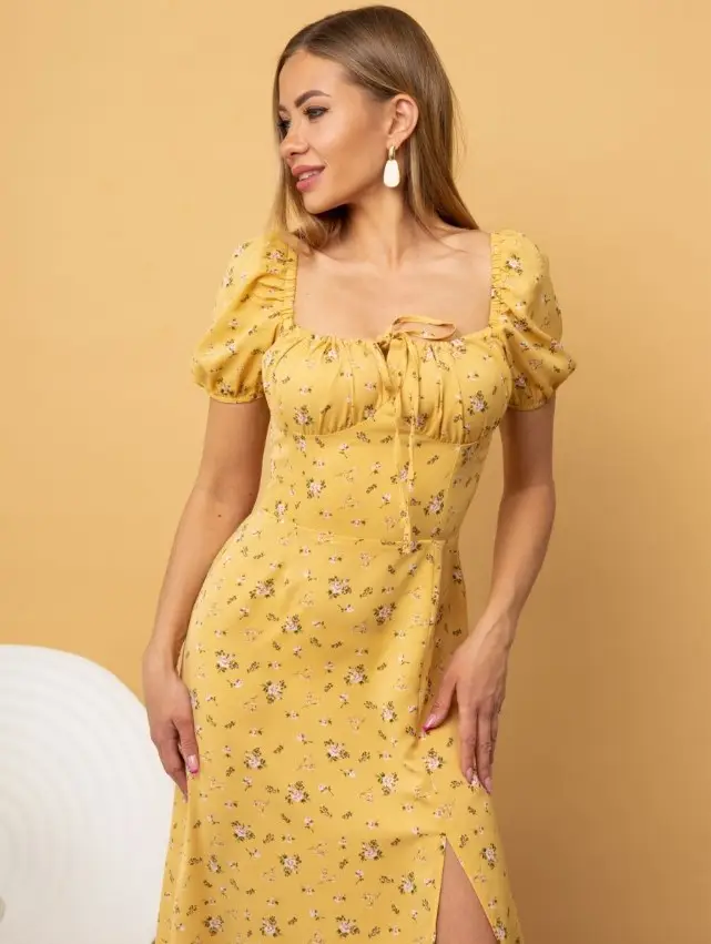 Women's Floral Halter Dress with Square Collar & Bubble Sleeves — feature 35