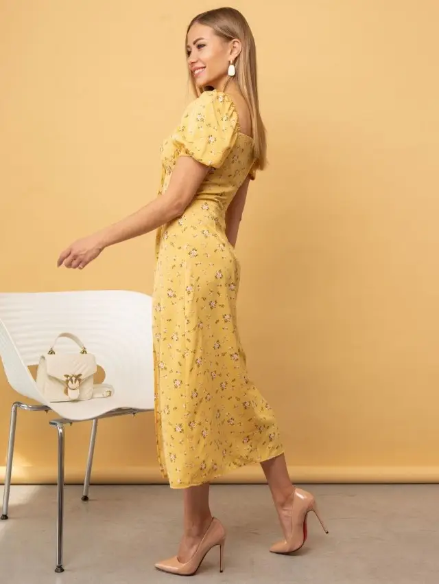 Women's Floral Halter Dress with Square Collar & Bubble Sleeves — feature 36