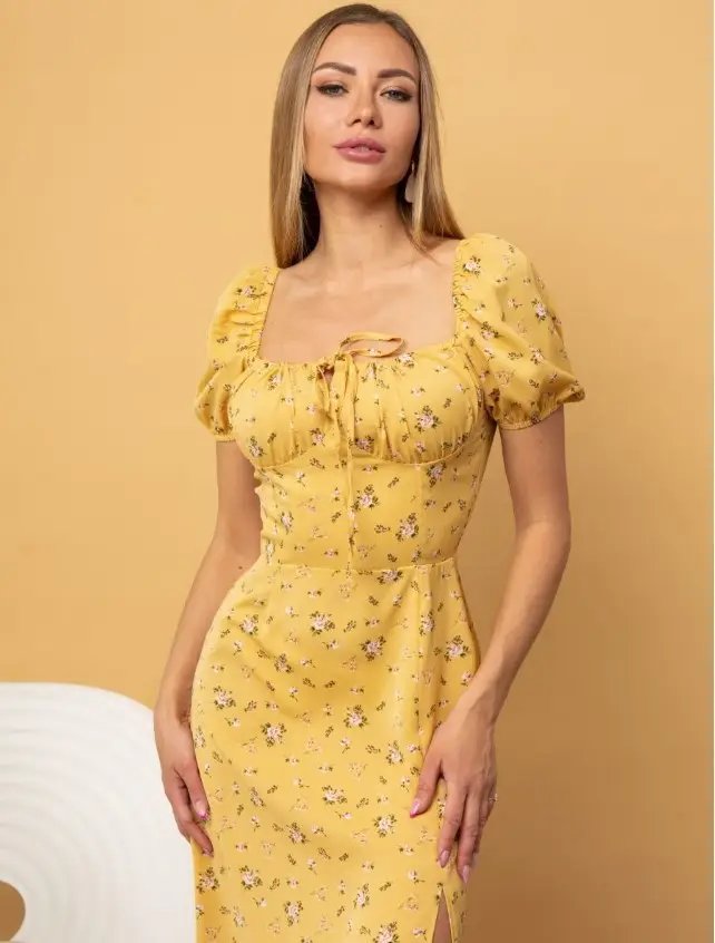 Women's Floral Halter Dress with Square Collar & Bubble Sleeves — feature 39