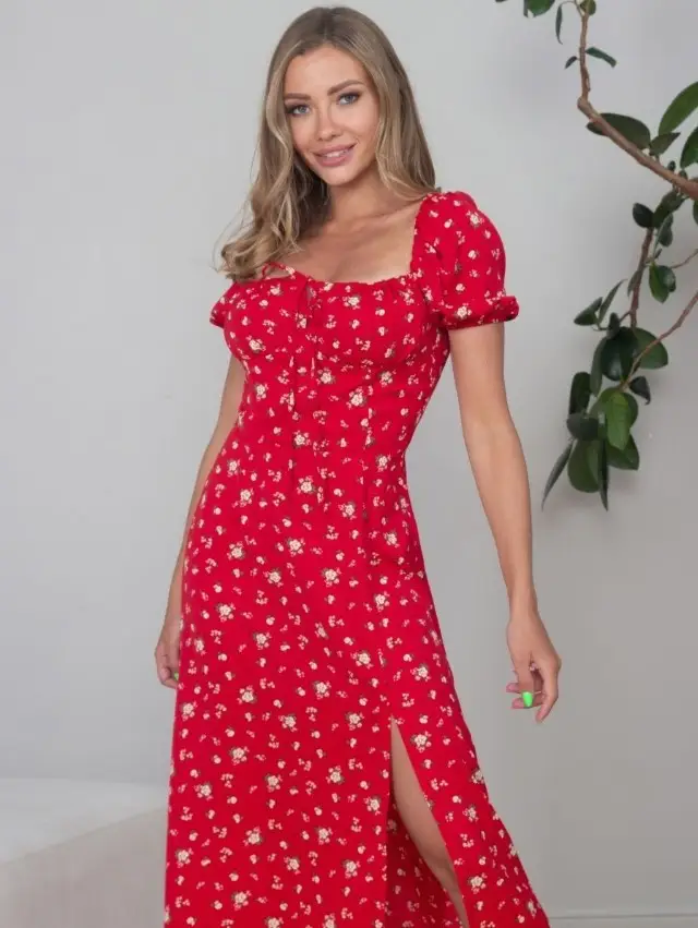 Women's Floral Halter Dress with Square Collar & Bubble Sleeves — feature 4